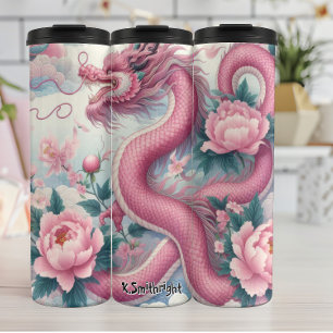 Elegante roze draak met pioenen thermosbeker