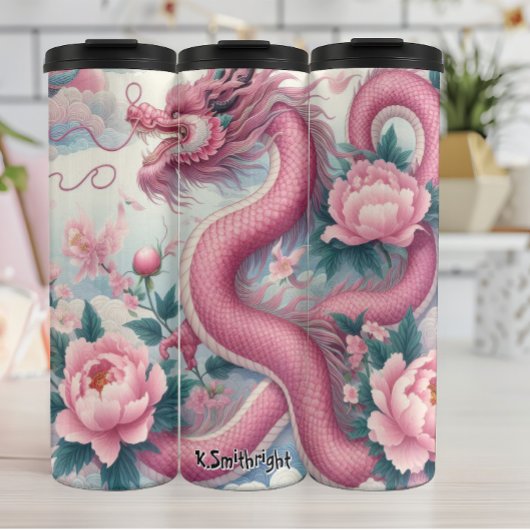 Elegante roze draak met pioenen thermosbeker