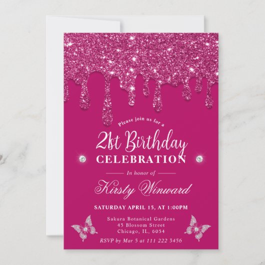 Elegante Roze Drip Glitter 21e Verjaardag Kaart (Voorkant)