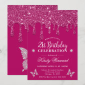 Elegante Roze Drip Glitter 21e Verjaardag Kaart (Voorkant / Achterkant)