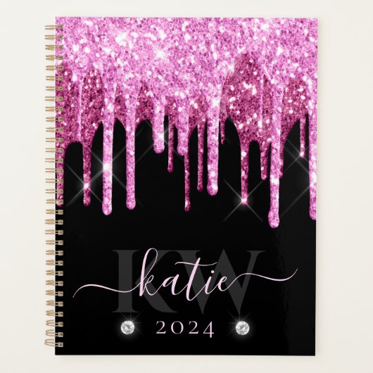Elegante Roze Drip Glitter Monogram Planner (Voorkant)