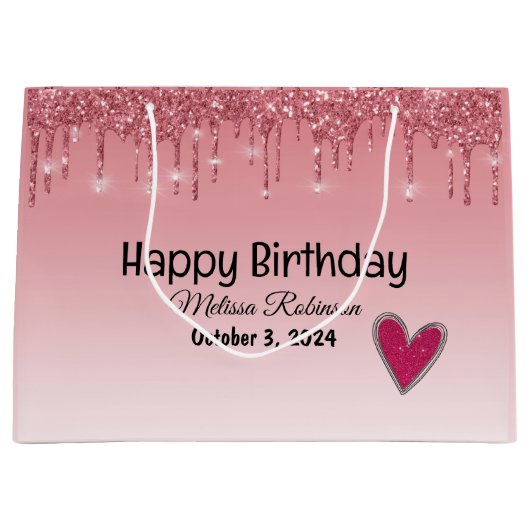 Elegante roze druipende glitter Happy Birthday Groot Cadeauzakje (Voorkant)