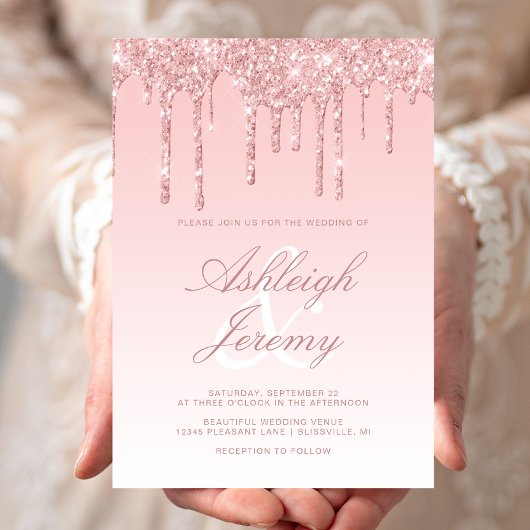 Elegante Roze Druipende Glitter Script Bruiloft Kaart