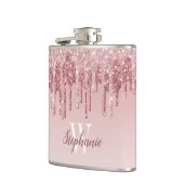 Elegante Roze Druppelende Nep Glitter Monogram Heupfles (Links)