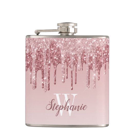 Elegante Roze Druppelende Nep Glitter Monogram Heupfles (Voorkant)
