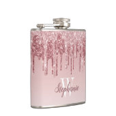 Elegante Roze Druppelende Nep Glitter Monogram Heupfles (Rechts)