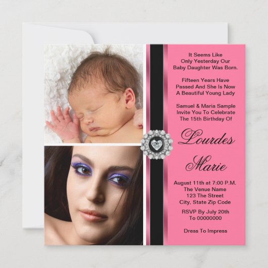 Elegante roze dubbele foto Quinceanera Uitnodiging (Voorkant)