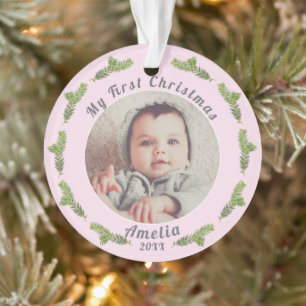 Elegante Roze Eerste Kerstmis Baby Foto Ornament