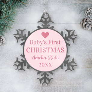 Elegante Roze Eerste Kerstmis Baby Meisje Tin Sneeuwvlok Ornament