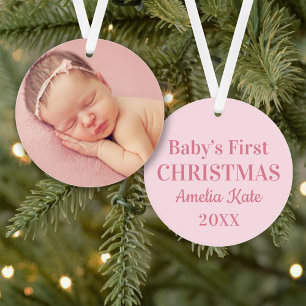 Elegante Roze Eerste Kerstmis Foto van Baby Meisje Ornament