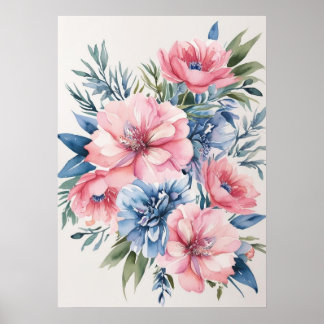 Elegante roze en blauwe bloemenkunst poster