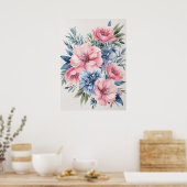 Elegante Roze en Blauwe Bloemkunst Poster (Keuken)