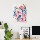 Elegante Roze en Blauwe Bloemkunst Poster (Thuiskantoor)