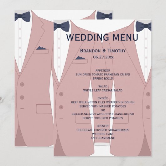 Elegante Roze En Blauwe Gay Trouwmenu Kaart (Voorkant / Achterkant)