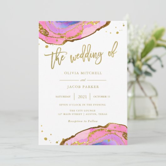 Elegante roze en blauwe geode met goud | Bruiloft Kaart (Staand voorkant)