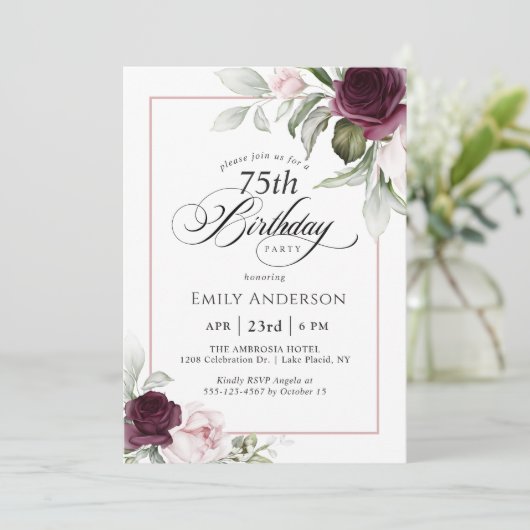 Elegante Roze en Bourgondische Bloemen 75ste Verja Kaart (Staand voorkant)