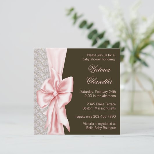 Elegante Roze en Bruine Baby Meisje Douche Kaart (Staand voorkant)