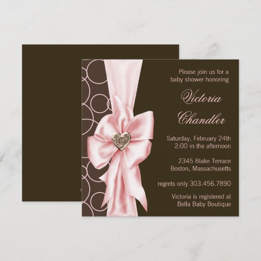 Elegante Roze en Bruine Baby Meisje Douche Kaart (Voorkant / Achterkant)