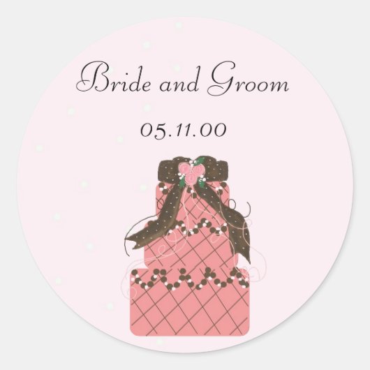 Elegante roze en chocolade bruiloftstaart ronde sticker (Voorkant)