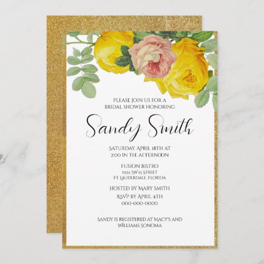 Elegante Roze en Gele Rozen Bruidsdouche  Kaart (Voorkant / Achterkant)