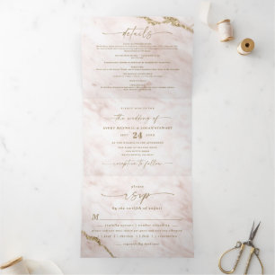 Elegante roze en goud folie marmeren bruiloft drieluik uitnodiging