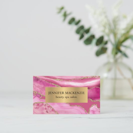 Elegante Roze en Gouden Agaat Luxe Visitekaartje (Staand voorkant)