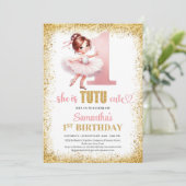 Elegante roze en gouden ballerina meisje 1e verjaa kaart (Staand voorkant)