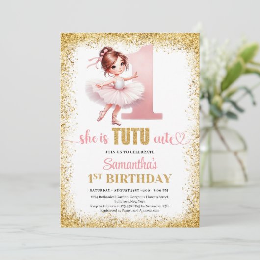Elegante roze en gouden ballerina meisje 1e verjaa kaart (Staand voorkant)