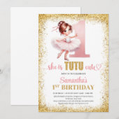 Elegante roze en gouden ballerina meisje 1e verjaa kaart (Voorkant / Achterkant)