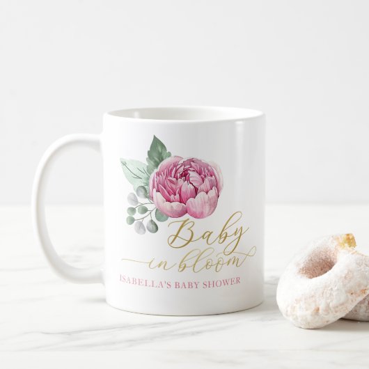 Elegante Roze en Gouden Bloemen Baby in Bloomdouch Koffiemok (Met donut)