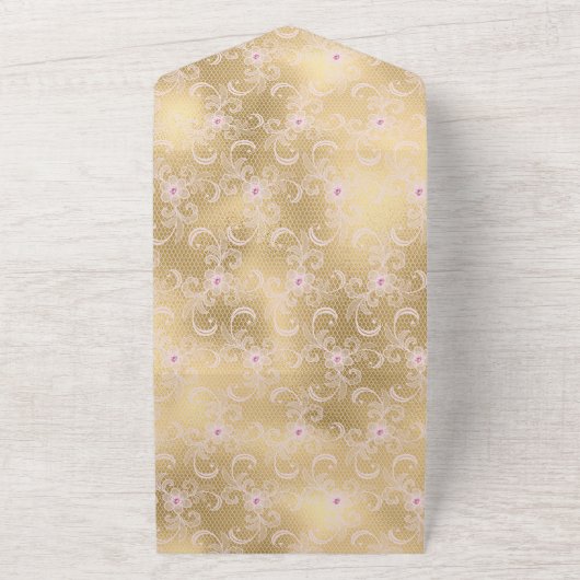 Elegante Roze en Gouden Bloemen Kant Bruiloft All In One Uitnodiging (Buitenkant)