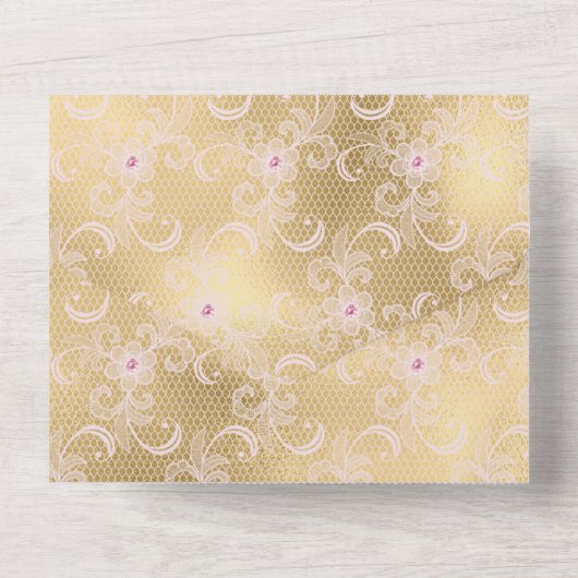 Elegante Roze en Gouden Bloemen Kant Bruiloft All In One Uitnodiging (Achterkant)