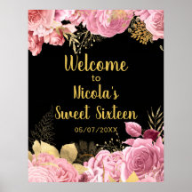Elegante Roze en Gouden Bloemen Sweet Sixteen