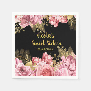 Elegante Roze en Gouden Bloemen Sweet Sixteen  Servet