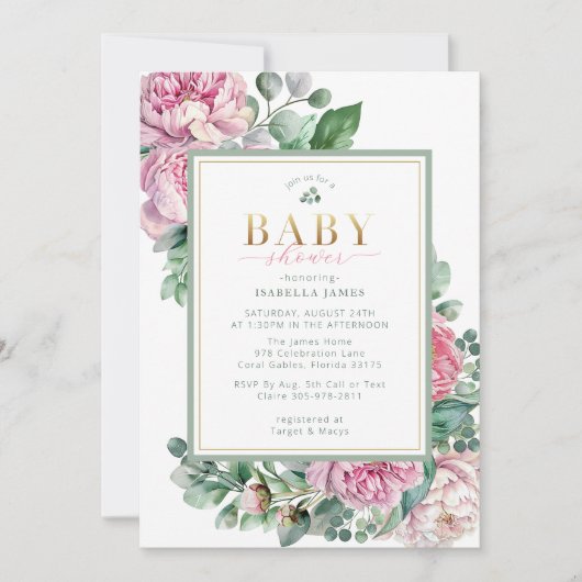 Elegante Roze en Gouden Bloemenmeisje Baby Shower  Kaart (Voorkant)
