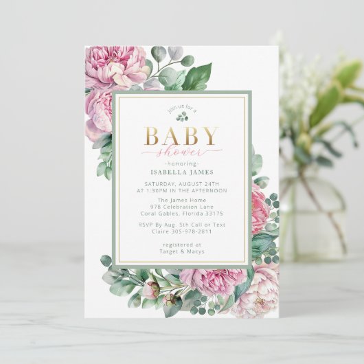 Elegante Roze en Gouden Bloemenmeisje Baby Shower  Kaart (Staand voorkant)