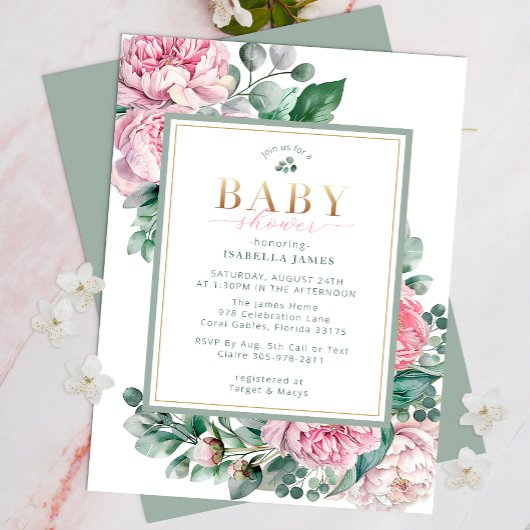 Elegante Roze en Gouden Bloemenmeisje Baby Shower  Kaart