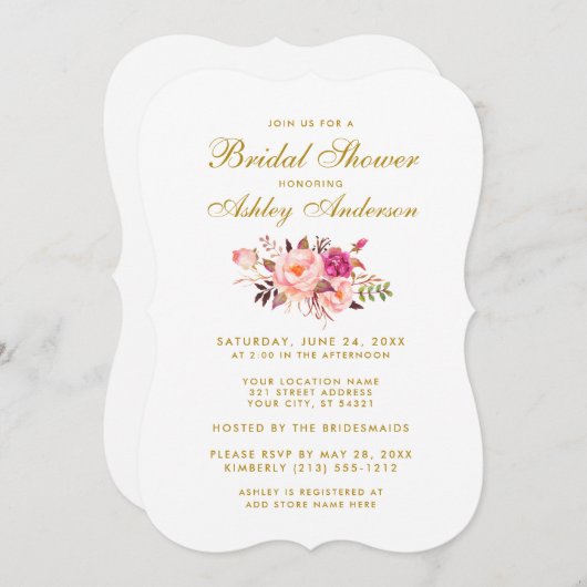 Elegante roze en gouden bruidsmeisjesuitnodiging m kaart (Voorkant / Achterkant)