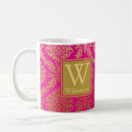 Elegante Roze en Gouden Damast Gepersonaliseerde Koffiemok