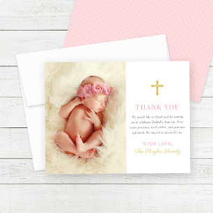 Elegante Roze en Gouden Doopfeest Foto van Baby Me Bedankkaart