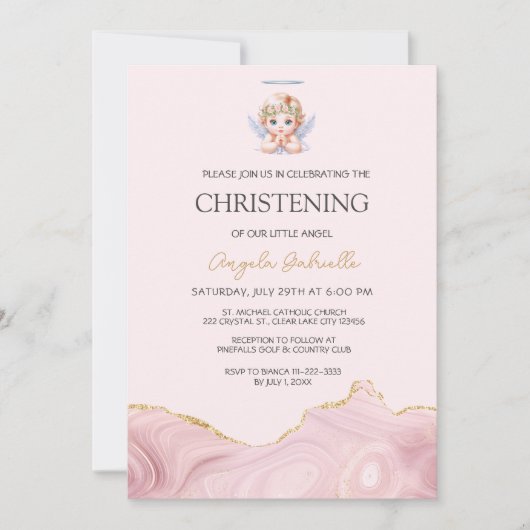 Elegante roze en gouden engel doop en doop in kaart (Voorkant)