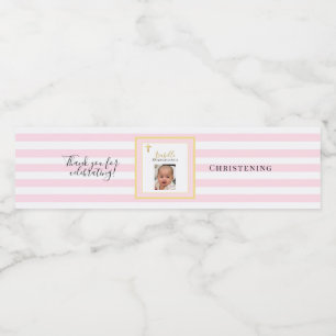 Elegante Roze en Gouden Foto Doopfeest Waterfles Etiket