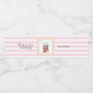 Elegante Roze en Gouden Foto Doopfeest Waterfles Etiket