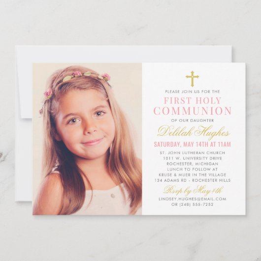 Elegante roze en gouden foto van Eerste Communie m Kaart (Voorkant)