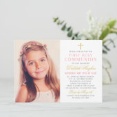 Elegante roze en gouden foto van Eerste Communie m Kaart (Staand voorkant)