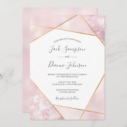 Elegante roze en gouden geometrische bruiloft uitn kaart (Voorkant / Achterkant)