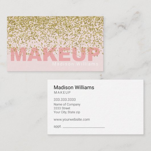 Elegante roze en gouden glitter make-up visitekaartje (Voorkant / Achterkant)