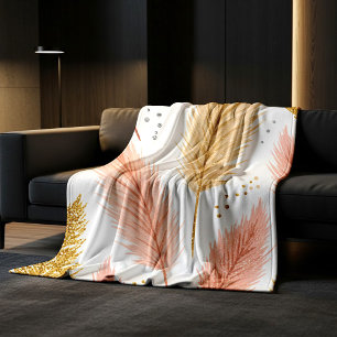 Elegante Roze en Gouden Glitter Pampasgras Fleece Deken