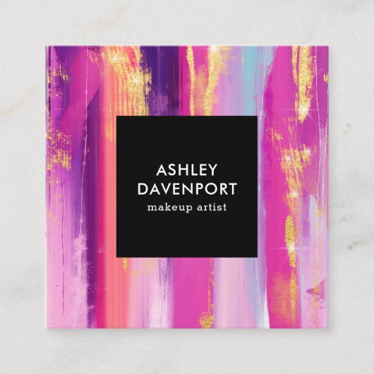 Elegante roze en gouden glitter penseelstreken mak vierkante visitekaartje (Voorkant)
