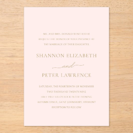 Elegante roze en gouden klassieke bruiloft acryl uitnodigingen (Voorkant)